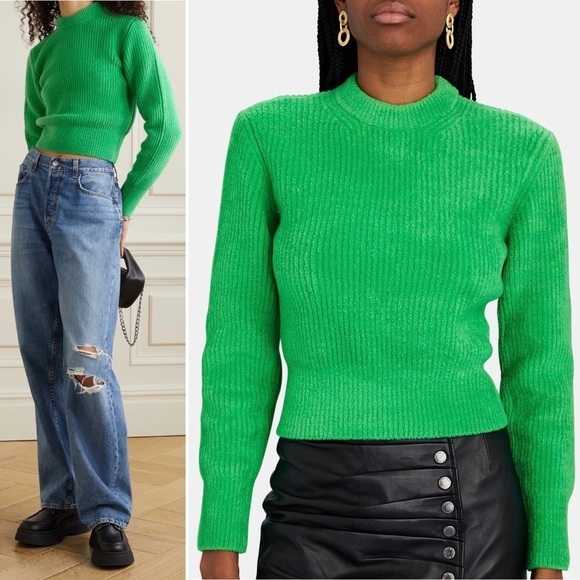 T by Alexander Wang | Cropped Ribbed Wool-Blend Sweater in Green - Size Medium - Picture 1 of 8